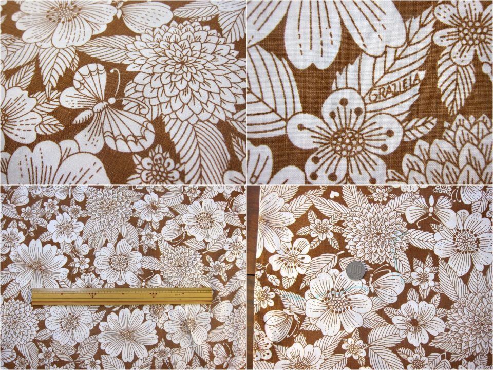 Graziela 茶色のレトロクールな花柄模様 ヴィンテージはぎれ 幅128cm