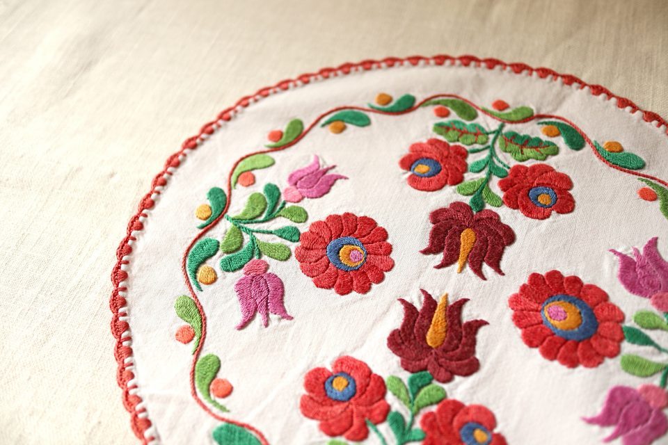 両面刺繍が美しいレトロな花模様円形クロス