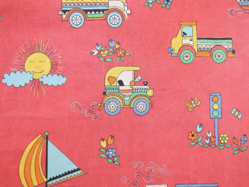 ヴィンテージ キッズファブリック 車 電車 船 太陽柄 ピンク 70年代 幅84cm