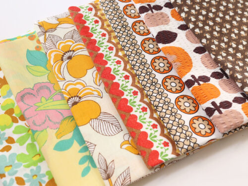 ヴィンテージはぎれ7枚セット オレンジ×ブラウン フローラル幾何学